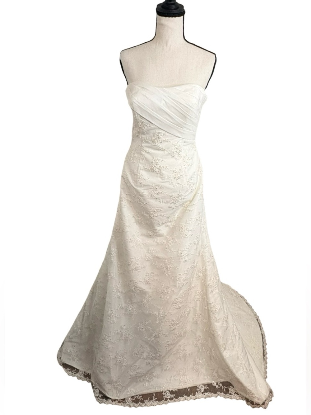 Mon Cheri Bridals Silk Wedding Dress 8 Strapless Beaded Lace‎ Train Gown